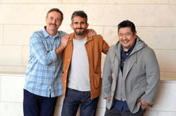 Director Dave Green, center, poses for a portrait with Will Forte, left, and Eric Bauza to promote the film "Coyote vs. Acme" on Tuesday, June 9, 2026, in Los Angeles. (AP Photo/Chris Pizzello)
