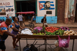 Street vendors push their cart of vegetables past a mural of Fidel Castro in Havana, Cuba, Wednesday, Aug. 12, 2026. (AP Photo/Ramon Espinosa)