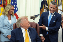 Defense Secretary Pete Hegseth, from right, speaks as President Donald Trump and Jennifer Hegseth listen during a meeting about military families, in the Oval Office of the White House, Monday, Aug. 3, 2026, in Washington. (AP Photo/Alex Brandon)
