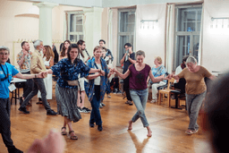 Attendees dance during a Yiddish Summer Weimar event on July 24, 2026, in Weimar, Germany. (Shendl Copitman/Religion News Service via AP)
