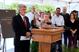 Dennis Jenkins, left, son of murder victim Catherine Jean Jenkins, speaks outside Riverbend Maximum Security Institution following the execution of Anthony Darrell Hines Thursday, Aug. 13, 2026, in Nashville, Tenn. (AP Photo/Mark Humphrey)